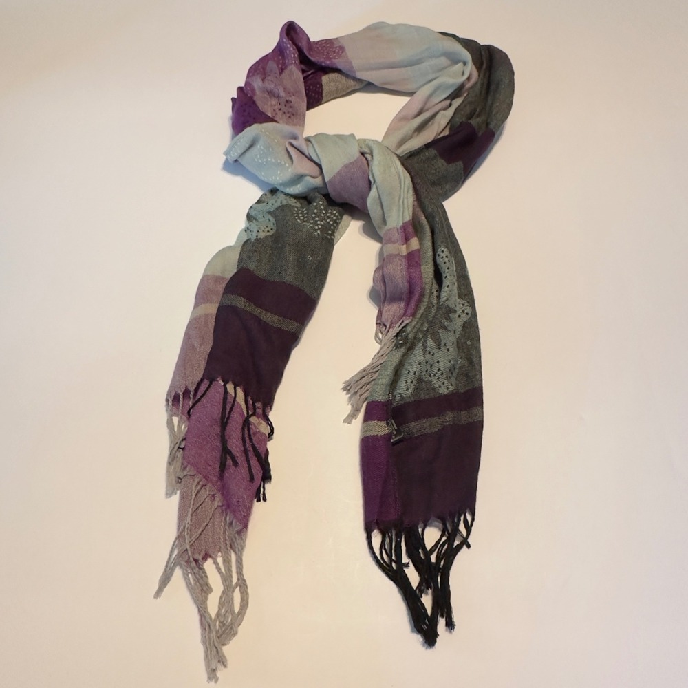 Pashmina Scarf Purple Grey Floral Colorblock Wrap Shawl Boho Fringed Scarf 74x25